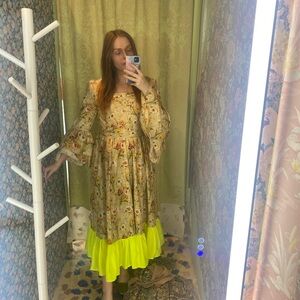 Batsheva Floral Long Sleeve Midi Dress with Neon Yellow Ruffle